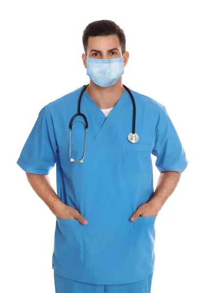 Arzt Medizinischer Maske Auf Weißem Hintergrund — Stockfoto