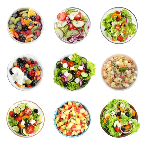 Set Different Salads White Background Top View — Stock Photo, Image