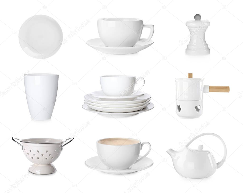 Collage of different objects on white background