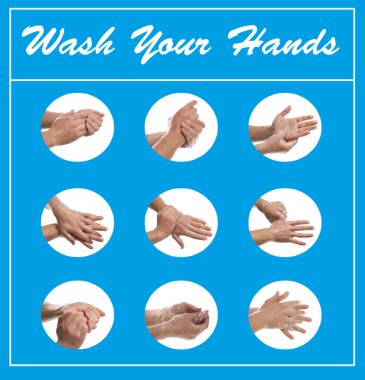 Ellerini etkili bir şekilde yıkama adımları. Mavi arkaplanda adamla kolaj, yakın plan