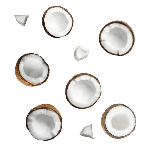 Conjunto Com Cocos Maduros Sobre Fundo Branco Vista Superior — Fotografia de Stock