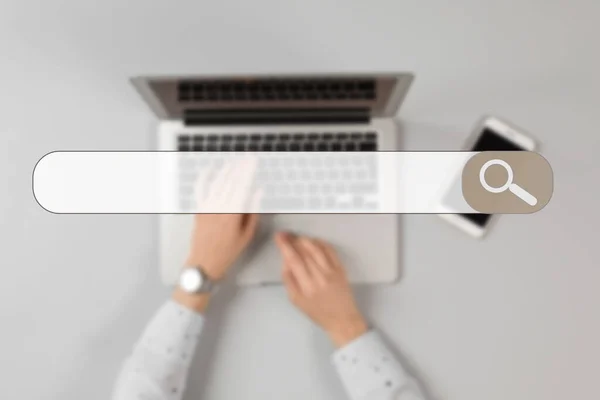 Search Bar Internet Browser Woman Using Modern Laptop Table Top — Stock Photo, Image