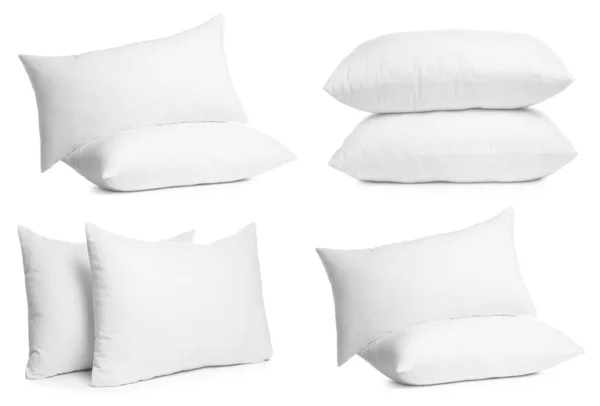 Collage Different Soft Pillows White Background — Stock Photo, Image