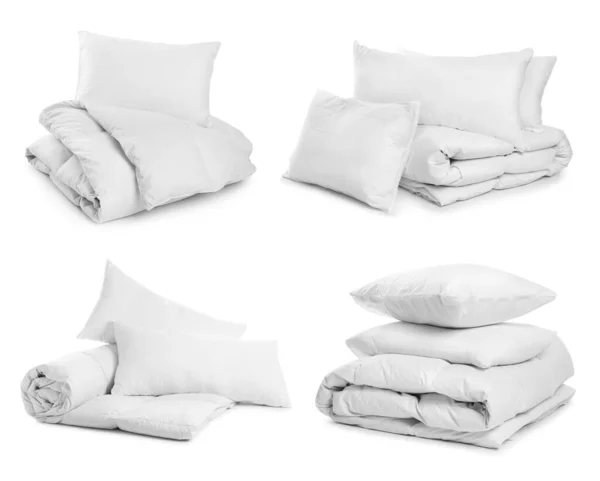 Collage Diferentes Almohadas Suaves Sobre Fondo Blanco —  Fotos de Stock