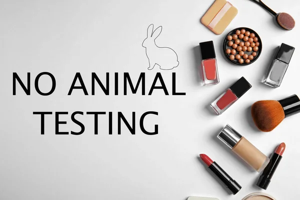 Cosmetic products and text NO ANIMAL TESTING on white background, flat lay - Stock Image - Everypixel Cosmetic products and text NO ANIMAL TESTING on white background, flat lay - Stock Image - Everypixel