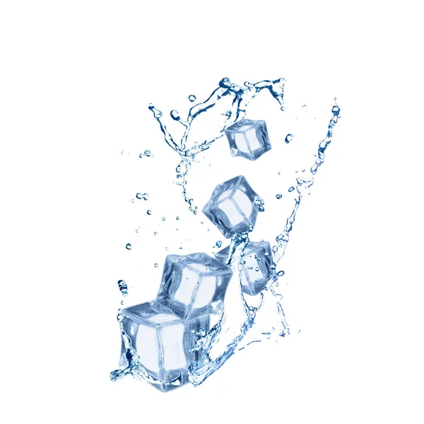 Crystal Clear Ice Cubes Splashing Water White Background — Stock Photo, Image