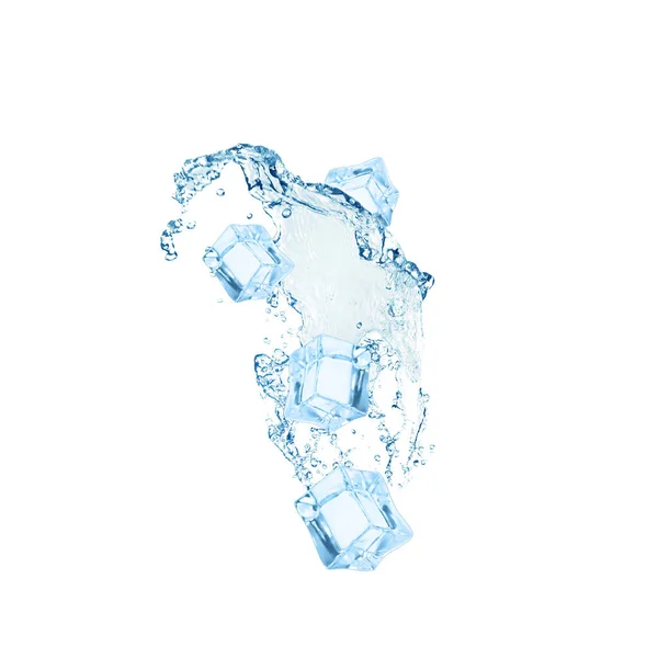 Crystal Clear Ice Cubes Splashing Water White Background — Stock Photo, Image