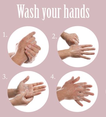 Ellerini etkili bir şekilde yıkama adımları. Pembe arka planda erkekle kolaj, yakın plan