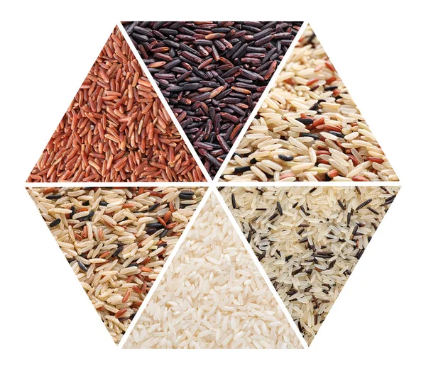 Collage Mit Verschiedenen Reissorten Auf Weißem Hintergrund Draufsicht — Stockfoto