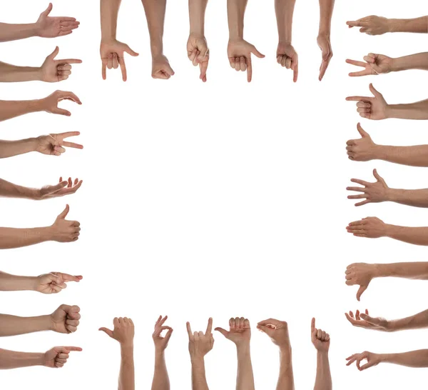 Beyaz Arka Planda Farklı Jestler Gösteren Insanlarla Kolaj Ellerin Yakın — Stok fotoğraf