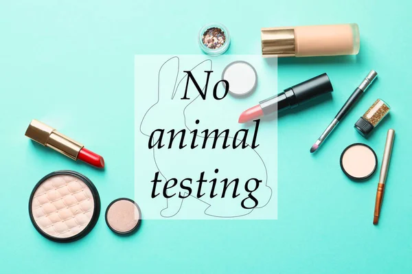 Cosmetic products and text NO ANIMAL TESTING on light blue background, flat lay