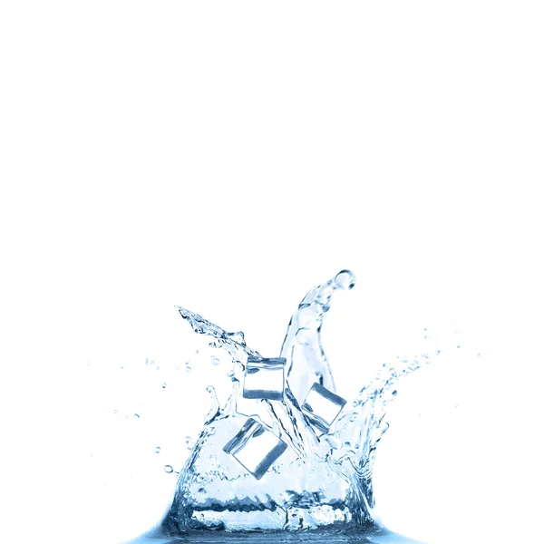 Kristalheldere Ijsblokjes Spetterend Water Witte Achtergrond — Stockfoto