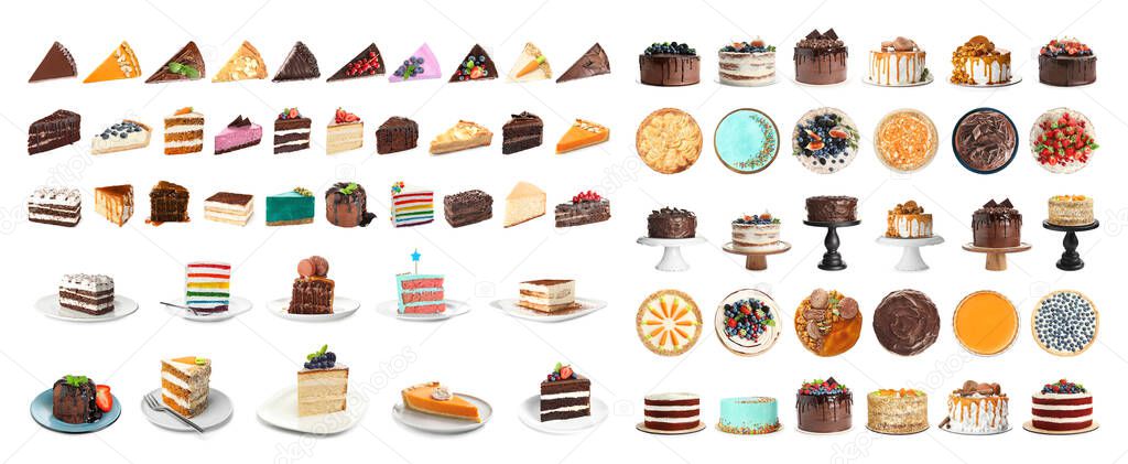 Set of different delicious cakes isolated on white. Banner design 