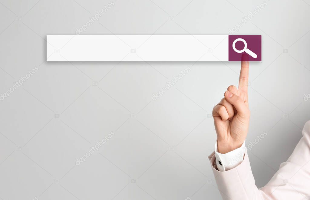 Woman using search bar on virtual screen, closeup