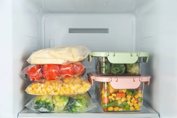 Plastic Bags Containers Different Frozen Vegetables Refrigerator — Stock Photo, Image