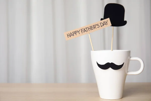 Cup Paper Mustache Hat Sign Happy Father Day Wooden Table — Stock Photo, Image