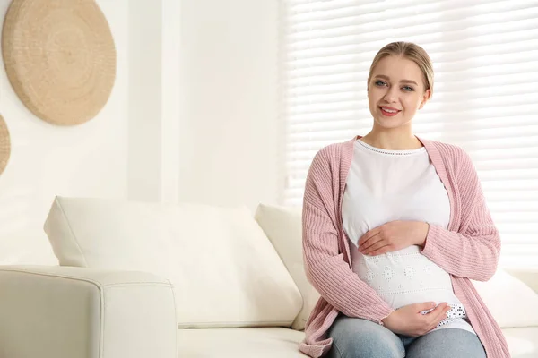 Een Jonge Zwangere Vrouw Bank Thuis Ruimte Voor Tekst — Stockfoto