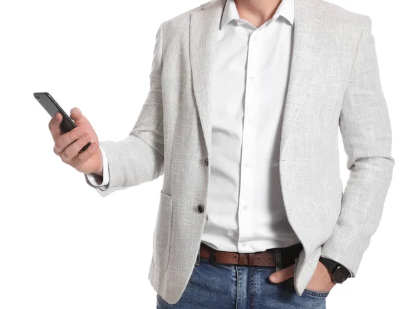 Affärsman Med Smartphone Vit Bakgrund Närbild — Stockfoto