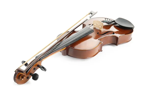 Belo Violino Clássico Arco Sobre Fundo Branco Instrumento Musical — Fotografia de Stock