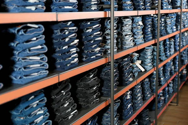 Collection Stylish Jeans Shelves Shop — Stock Photo, Image