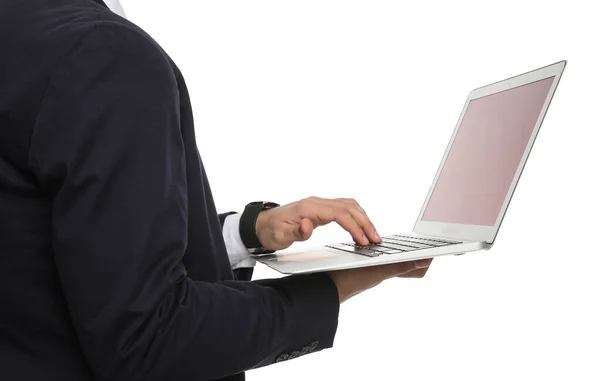 Jonge Zakenman Met Laptop Witte Achtergrond Close — Stockfoto