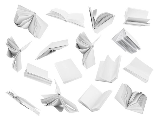 Many hardcover books flying on white background