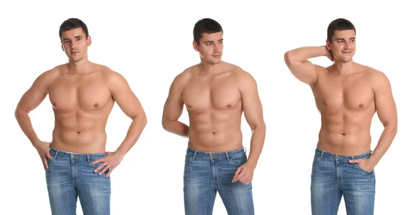 Collage Hombre Con Cuerpo Sexy Sobre Fondo Blanco —  Fotos de Stock