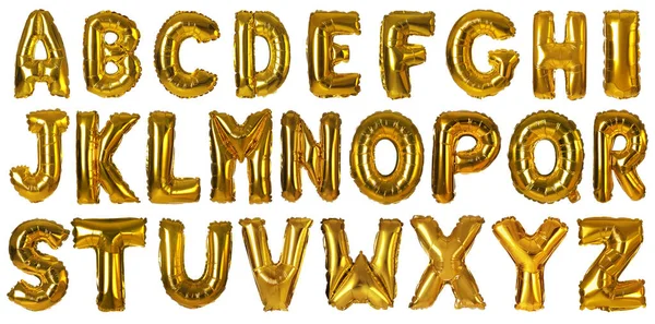 Set Golden Foil Balloons Shape Letters White Background Banner Design — Stock Photo, Image