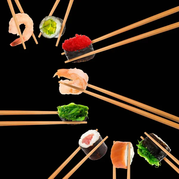 Koláž Různých Sushi Rohlíky Krevety Černém Pozadí — Stock fotografie