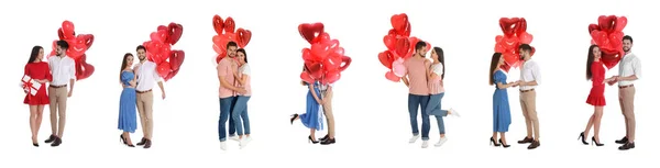 Colagem Jovens Casais Felizes Com Balões Forma Coração Fundo Branco — Fotografia de Stock