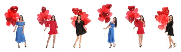 Collage Mujer Joven Feliz Con Globos Forma Corazón Sobre Fondo —  Fotos de Stock