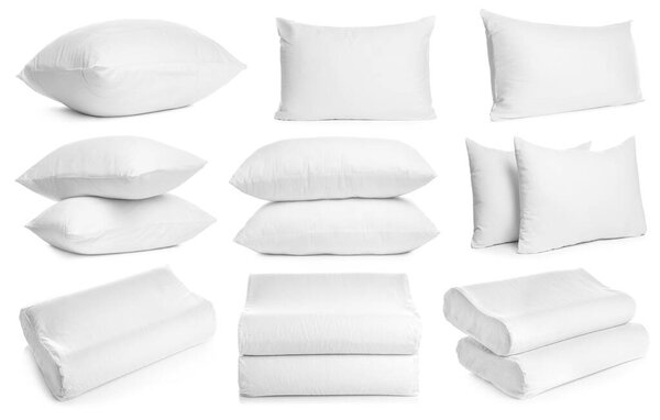 Collage of different soft pillows on white background