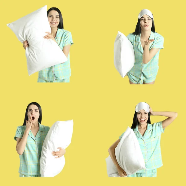 Collage Van Jonge Vrouw Pyjama Met Kussen Tegen Gele Achtergrond — Stockfoto