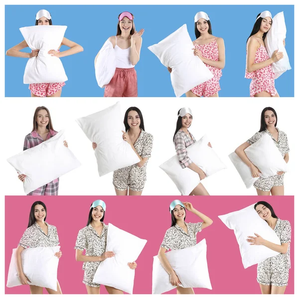 Collage Unga Kvinnor Pyjamas Med Kuddar Mot Färg Bakgrund — Stockfoto