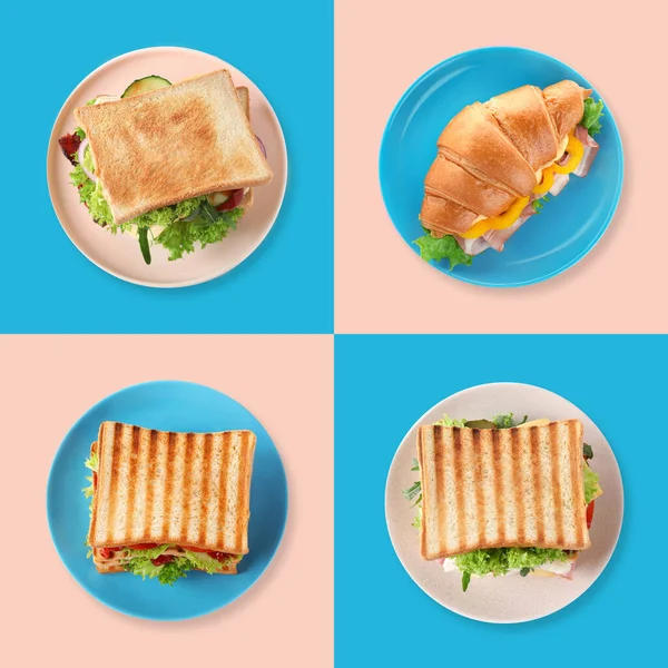 Набор Вкусных Бутербродов Круассанов Цветном Фоне Вид Сверху — стоковое фото