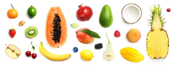 Composición Plana Con Diferentes Frutas Sobre Fondo Blanco Diseño Banner —  Fotos de Stock