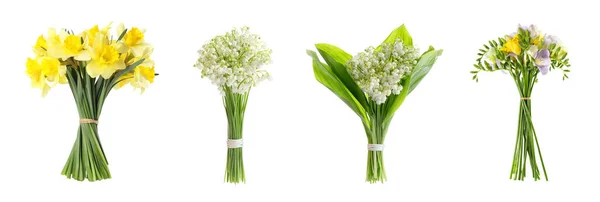 Set Met Prachtige Bloemen Witte Achtergrond Banner Ontwerp — Stockfoto