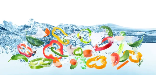 Viele Verschiedene Zutaten Wasser Mit Spritzern Bannerdesign — Stockfoto