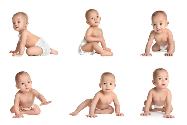 Collage Cute Little Baby White Background — Stock Photo, Image