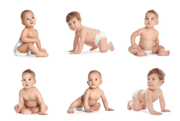 Colagem Bebês Bonitos Fundo Branco — Fotografia de Stock