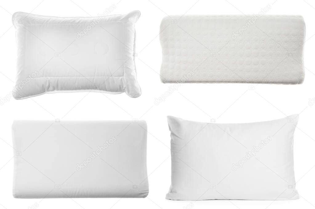 Collage of different soft pillows on white background