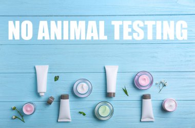 Kozmetik ürünler ve metin Hayvana Hayır Açık mavi ahşap zemin üzerinde test, düz yatıyordu