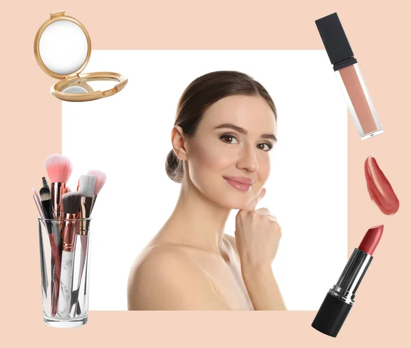 Vacker Kvinna Och Professionella Kosmetiska Produkter Färg Bakgrund Makeup Artist — Stockfoto