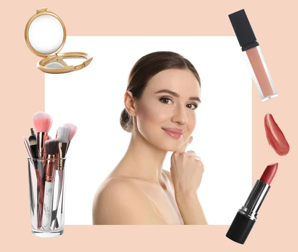 Mooie Vrouw Professionele Cosmetische Producten Kleur Achtergrond Make Artiest — Stockfoto