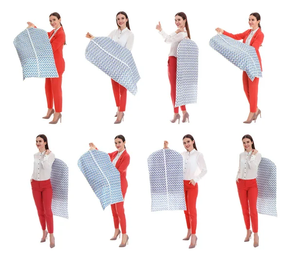 Collage Woman Holding Hanger Clothes White Background Dry Cleaning Service — Stock Photo, Image