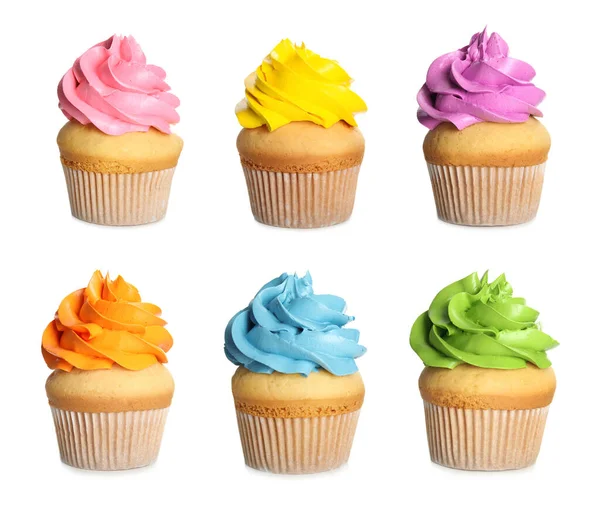 Conjunto Deliciosos Cupcakes Aniversário Fundo Branco — Fotografia de Stock