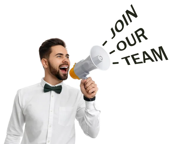 Young man with megaphone and phrase JOIN OUT TEAM on white background. Career promotion