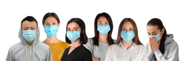 Beyaz arka planda tıbbi maske takan insanların kolajı. Pankart tasarımı