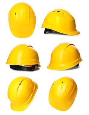 Set with safety hardhat on white background. Construction tool clipart