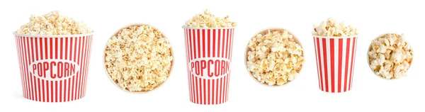 Set Mit Eimern Mit Leckerem Popcorn Auf Weißem Hintergrund Bannerdesign — Stockfoto